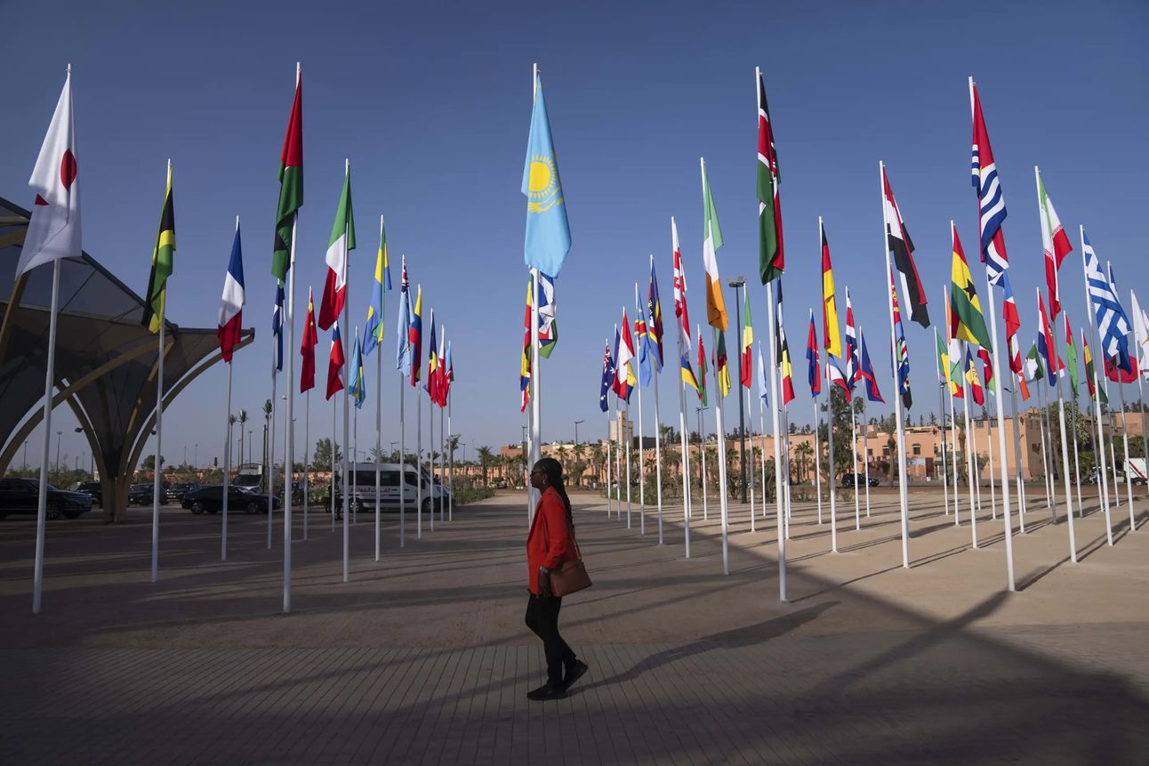 Flags outside the conference center in Marrakech that hosted the IMF and World Bank meetings. Photo: Mosaâab Elshamy/AP